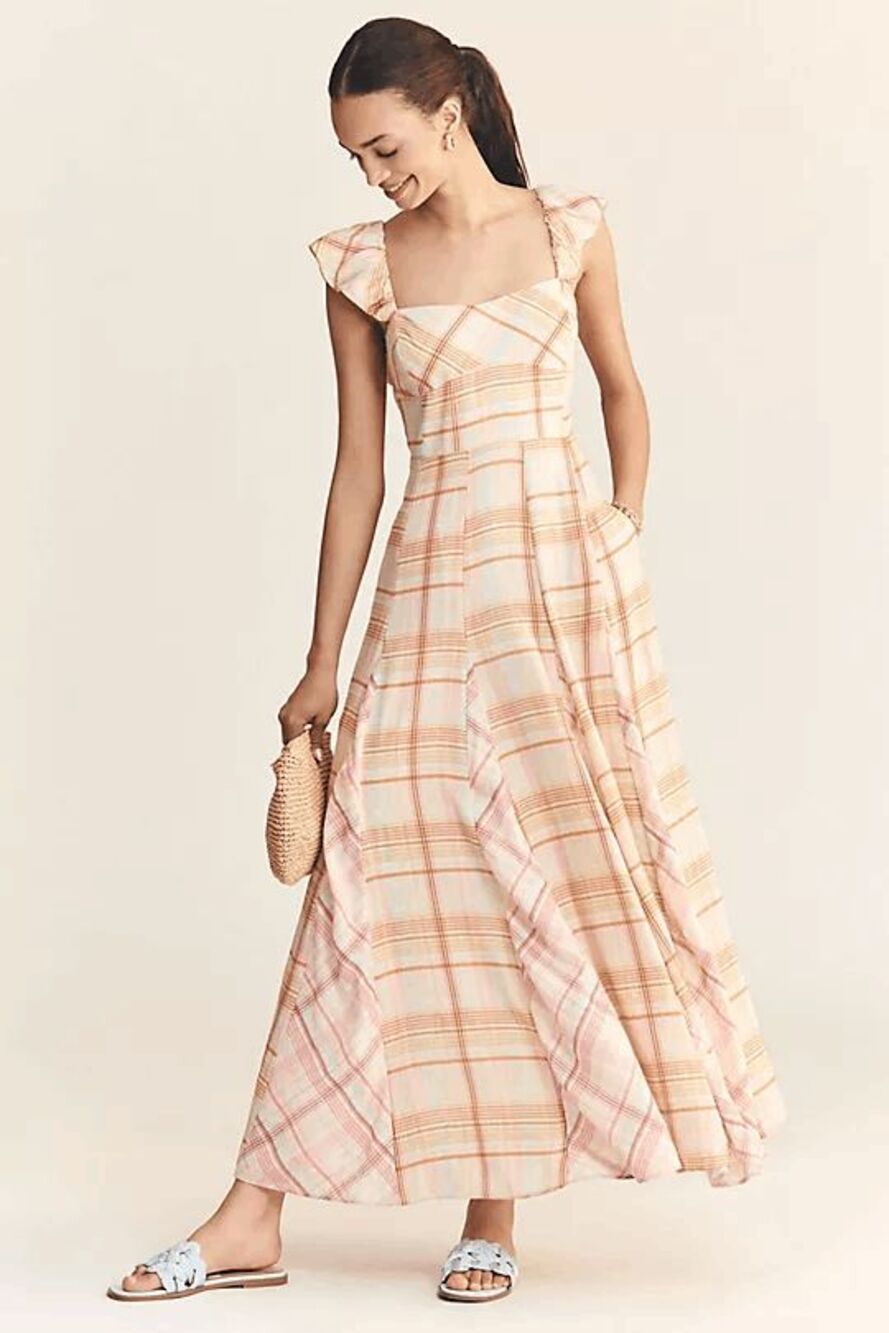Anthropologie Maeve Linen Blend Flutter-Sleeve A-Line Maxi Dress Women's Small